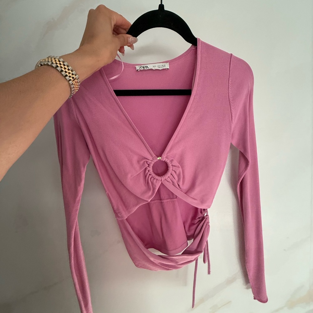 Zara Rose Pink Ring-Front Long Sleeve Crop Top
